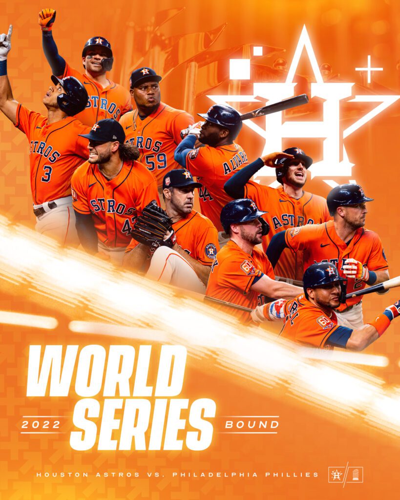 This is a picture of the Houston Astros World Series Posted on the Houston Astros Twitter Page. The Astros players in this photo are Jose Altuve, Justin Verlander, Yordan Alvarez, Yuli Gurriel, Alex Bregman and other starters.