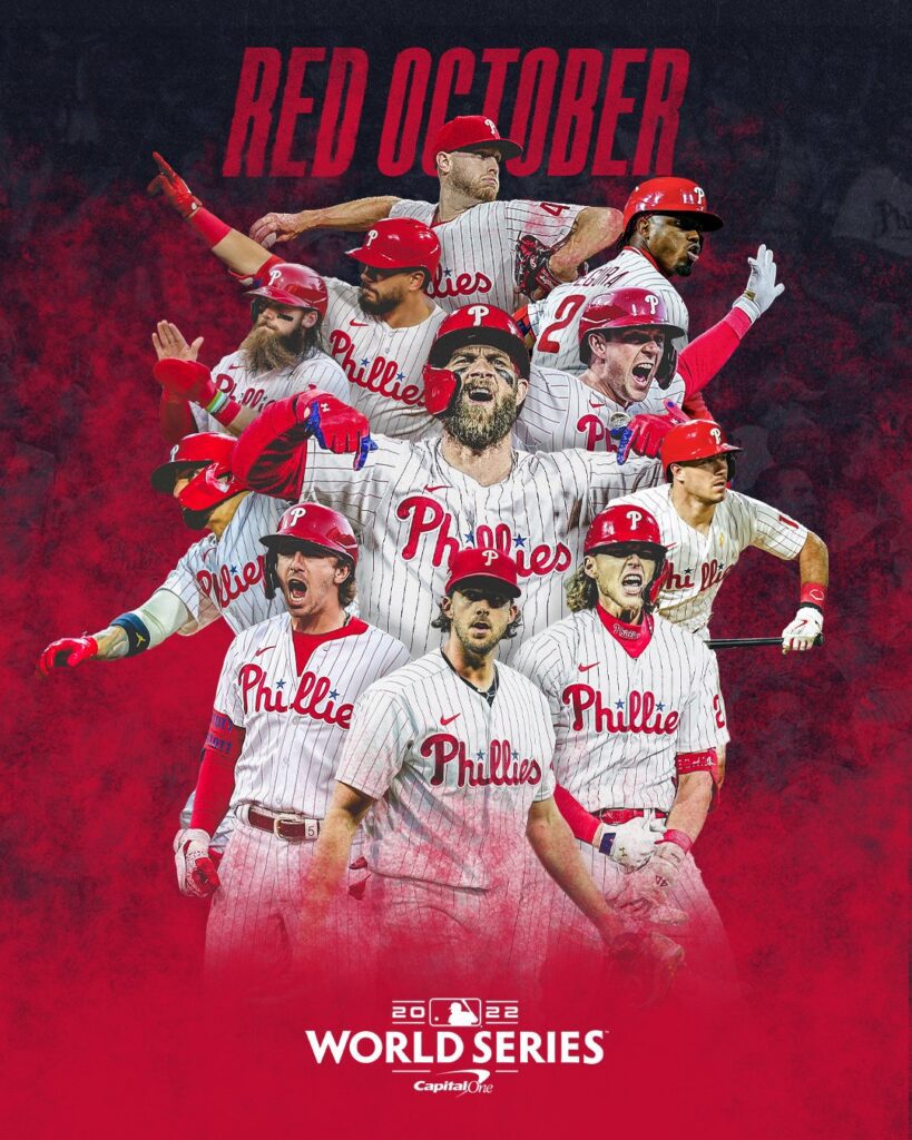 This is a picture of the Philadelphia Phillies starters after they clinched a berth to the World Series. Some of the players included are Bryce Harper, Alec Bohm, Rhys Hoskins and Kyle Schwarber