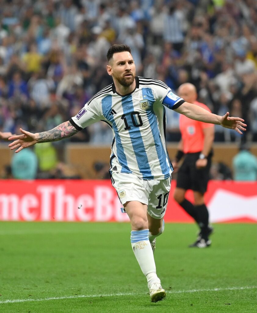 Messi celebrates his penalty kick that gives Argentina a 1-0 lead in the FIFA World Cup Final